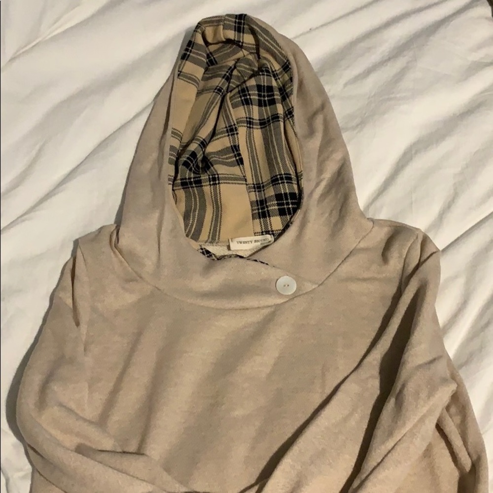 Tan hoodie with plaid detail